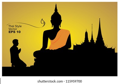 Thai people believe, Pay homage to a Buddha image illustration-vector