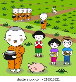 Thai people making merit to monks illustration set