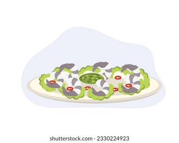 Thai pickled shrimp in fish sauce. Seafood. thai food. fresh shrimp. yummy food. vector cartoon illustration