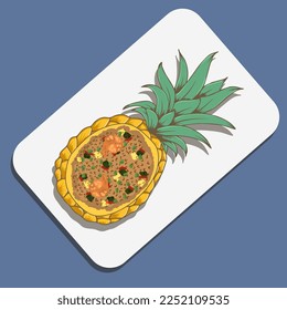 Thai Ananas Fried Rice oder Kao Pad Sapparod in geschnittenen Ananas Schüssel auf grauem Betonhintergrund. Kao Pad Sapparod ist ein thailändisches Gericht. thailändisches Essen. asiatisches Essen. Lebensmittelillustration