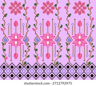 Thai pixel floral pattern with lotus, vines and . . . bohogeometric border. Soft pink seamless design ideal for textiles, crafts, packaging, and digital backgrounds.
