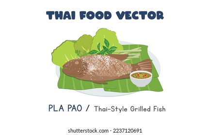 Thai Pla Pao - Caricatura de la capilla vectorial plana de pescado asado al estilo tailandés. La comida asiática. Cocina tailandesa. Gastronomía local tailandesa