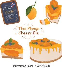Pastel tailandés de queso Plango, panadería de frutas tailandesa decorada con arándanos azules, colocado y etiquetado pastel de queso Thai Plango.