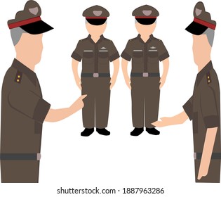 Thai police standing sideways and straight police career cartoon illustration vector
