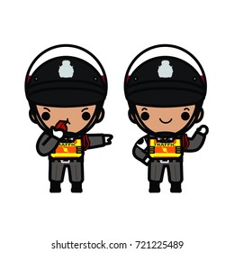 Thai police in uniform wearing helmet / traffic police ,Blow the whistle , cartoon style on white background