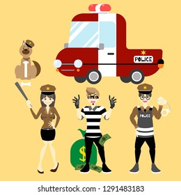 thai policeman and policewoman holding handcuffs and bat arresting thief with car, dog in yellow background, vector illustration flat cartoon character design clip art