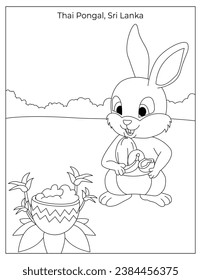 Thai Pongal Holiday Celebration in Sri Lanka with cute rabbit coloring page for kids