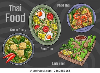 Thai popular food. A set of classic dishes. Cartoon hand drawn illustration.