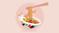 Thai Pork Noodle With Egg And Meatball Thai Style Bowl. Pair Of Chopsticks Cartoon Art Illustration