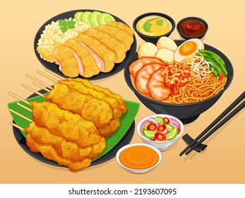 Thai Pork satay with spices and peanut sauce recipe. Asian prawn noodle soup. Penang hokkien mee recipe. Chinese hainan chicken rice recipe illustration vector. Famous singapore foods set.