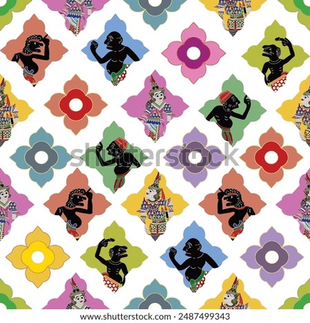 Thai puppet shadow Traditional fabric Nung Talung culture of south Thailand pattern illustration design