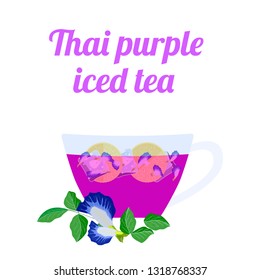 Thai purple iced tea in glass cup on white background. Concept for cocktail menu bar. Vector illustration in flat design.