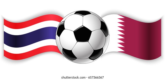Thai and Qatari wavy flags with football ball. Thailand combined with Qatar isolated on white. Football match or international sport competition concept.