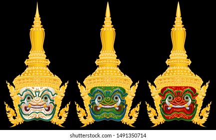 Thai Ramayana Giant mask isolated on black background. Graphic vector