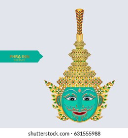 Thai ramayana mask vector ( Thai language name is Phra Inn ) with gold patterned and crystals color.