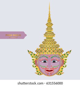Thai ramayana mask vector ( Thai language name is Phra Narai ) with gold patterned and crystals color.