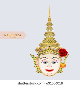 Thai ramayana mask vector ( Thai language name is Nang Seeda ) with gold patterned and crystals color.