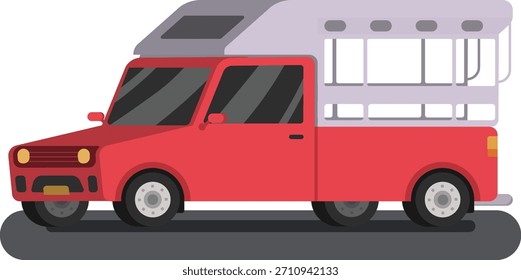 Thai rot Minibus flachen design.Thai Taxi in Chiang Mai transport.Red Pick-up Truck Taxi
