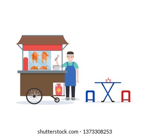 Thai rice with roasted chicken cart. Thai street food with seller and table design in flat style.Vector illustration