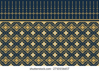 Thai runde florale nahtlose Muster mit passenden geometrischen Rahmen in Gold und Marinetönen. Ideal für Textilien, Stoffdrucke, Tapeten und kulturelle Deko-Projekte.