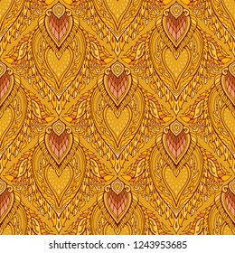 Thai royal Boho luxurious ornament design seamless pattern vector with yellow brown golden tone background 