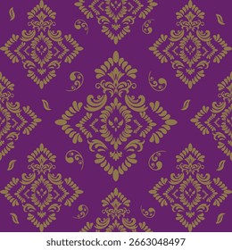 Thai Royal Gold Pattern on Purple Background – Traditional Seamless Ornamental Design. A luxurious seamless Thai pattern featuring elegant golden motifs arranged in a diamond-shaped structure.

