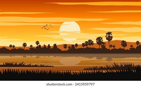 Thai rural life and pond on sunset time with palm tree