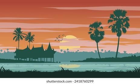 Thai rural life and pond on sunset time with palm tree