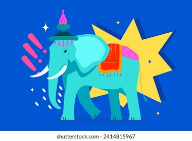 Thai sacred elephant - modern colored vector illustration with large tropical herbivore dressed up in national patterns. Pay attention to fauna of Asian countries, manual beast and totem idea