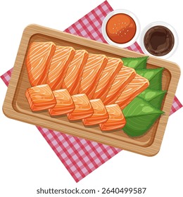 Thai salmon sashimi on a wooden platter with green leaves and dipping sauces, vibrant colors, and detailed vector style