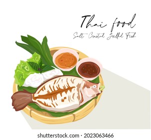 Thai Salt-Crusted Grilled Fish recipe vector on white background. Delicious Thai food.