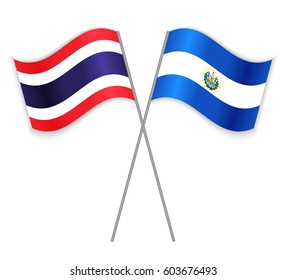 Thai and Salvadoran crossed flags. Thailand combined with El Salvador isolated on white. Language learning, international business or travel concept.