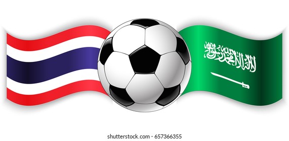 Thai and Saudi Arabian wavy flags with football ball. Thailand combined with Saudi Arabia isolated on white. Football match or international sport competition concept.