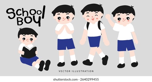 Thai School Boy – Flat Cartoon Student Vector Set