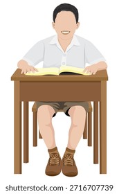 Un escolar tailandés se sienta leyendo un libro. Diseño de Vector