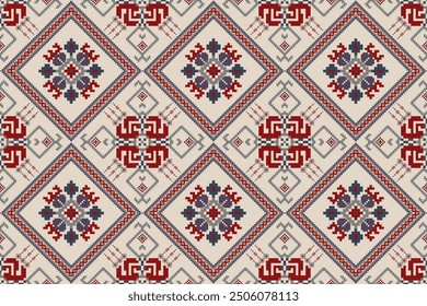 Thai seamless pattern,geometric ethnic oriental pattern floral cross stitch pattern on brown background,vector illustration,Aztec style,abstract background.design for texture,fabric,clothing,print