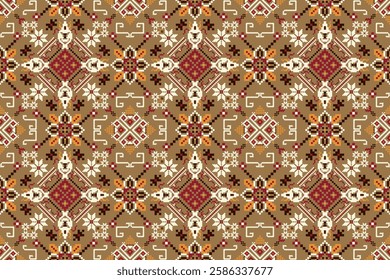 Thai seamless pattern,geometric ethnic oriental pattern floral cross stitch pattern on brown background,vector illustration,Aztec style,abstract background.design for texture,fabric,clothing,print.