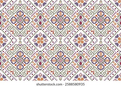 Thai seamless pattern,geometric ethnic oriental pattern floral cross stitch pattern on white background,vector illustration,Aztec style,abstract background.design for texture,fabric,clothing,print.