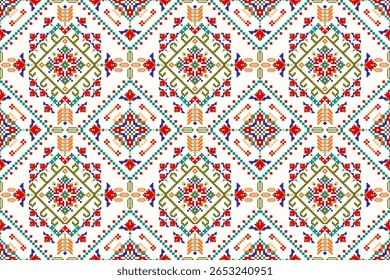 Padrão tailandês sem costura,padrão étnico oriental geométrico padrão floral ponto cruz padrão fundo,ilustração vetorial,estilo asteca,fundo abstrato.design para textura,tecido,roupas,impressão,azulejo,cerâmica
