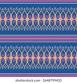 Patrón simétrico de píxeles sin costura tailandés en color beige y rosa con fondo azul que luce una sensación cálida y moderna.