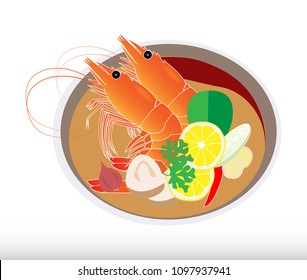 Thai shrimp soup. Thai spicy soup.- top view, vector 
Lime, Menu, Restaurant, Soup, Tom Yum Soup