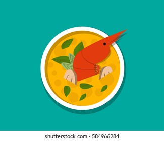 Thai shrimp soup - Tom yum Kung, top view, vector