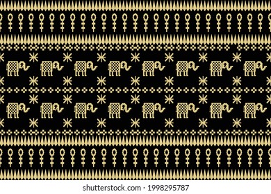 Thai Silk, Gold, Black Background, Ethnic Thai Elephant Pattern, Oriental, Traditional Pattern Design For Background Carpet Wallpaper Clothing Wrap Batik Fabric Embroidery Style Vector Illustration