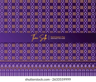 Thai silk inspired seamless pattern set featuring traditional North Eastern (Isan) geometric textile designs in violet and gold. This collection includes a variety of repeating patterns with diamond, line, and tribal motifs, perfect for fabric printing, fashion design, packaging, branding, and background decoration. Clean vector style, scalable and fully editable, suitable for both modern and cultural design projects.