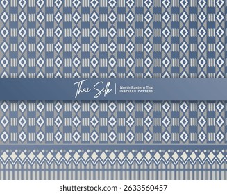 Thai silk inspired seamless pattern set featuring traditional North Eastern (Isan) geometric textile designs in dusty blue and ivory. This collection includes a variety of repeating patterns with diamond, line, and tribal motifs, perfect for fabric printing, fashion design, packaging, branding, and background decoration. Clean vector style, scalable and fully editable, suitable for both modern and cultural design projects.