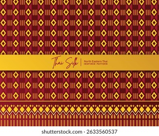 Thai silk inspired seamless pattern set featuring traditional North Eastern (Isan) geometric textile designs in red and gold. This collection includes a variety of repeating patterns with diamond, line, and tribal motifs, perfect for fabric printing, fashion design, packaging, branding, and background decoration. Clean vector style, scalable and fully editable, suitable for both modern and cultural design projects.