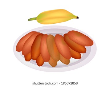 Thai Snack and Dessert, An Illustration of Honey Baked Bananas or Sun Dried Bananas on A White Plate. 