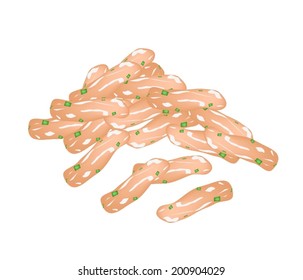 Thai Snack and Dessert, Stack of Lotus Stem Candies or Water Lily Stem Candies Isolated on White Background. 