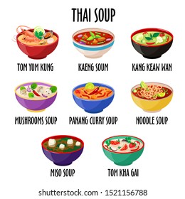 Thai soup icon set, different spicy tasty dishes in colorful bowls isolated, Tom Yum kung, kaeng soum, kang keaw wan, panang curry, noodle, mushrooms, miso, tom kha gai, vector illustration