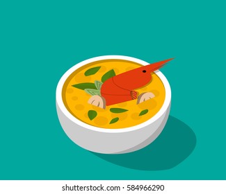 Thai soup with shrimp - Tom yum Kung in 3D vector